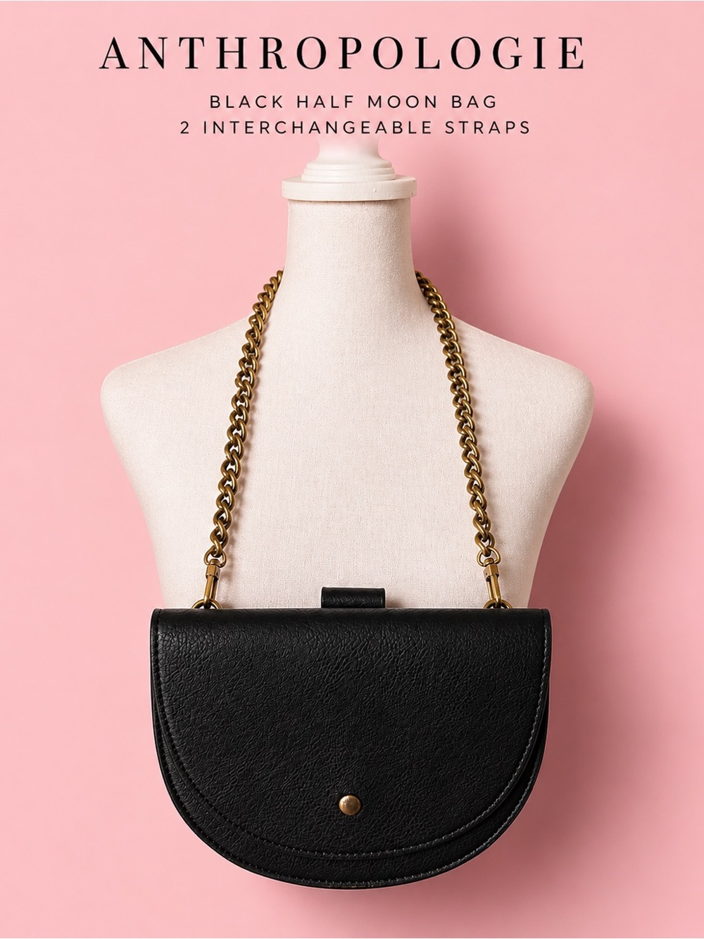 Anthropologie Black Half Moon Bag plus 2 extra Straps Crossbody Chain&Croc Strap